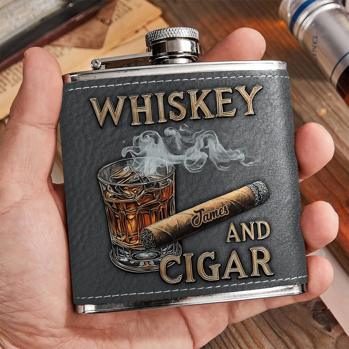 Whiskey And Cigar - Personalized Whisky Hip Flask