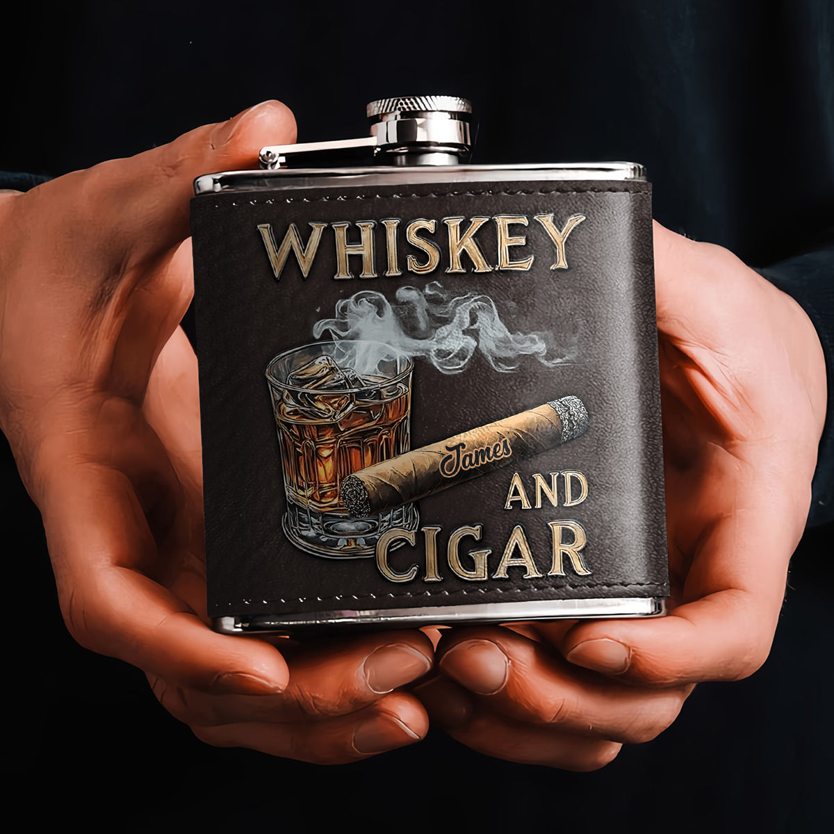 Whiskey And Cigar - Personalized Whisky Hip Flask