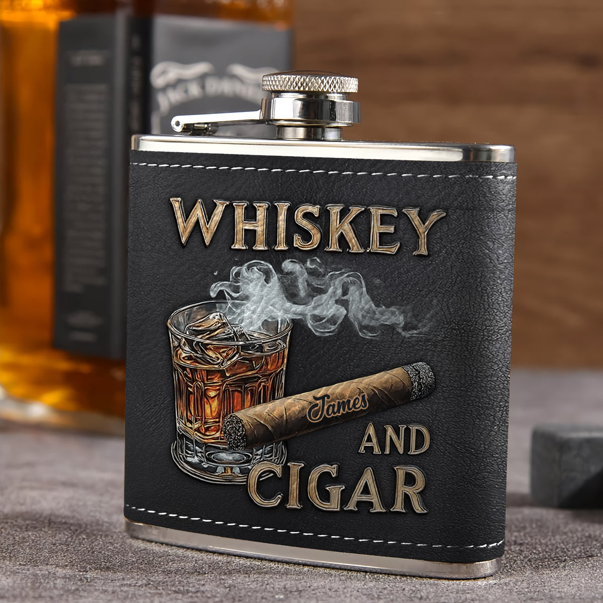 Whiskey And Cigar - Personalized Whisky Hip Flask