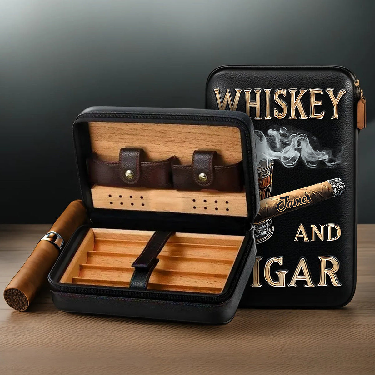 Whisky und Zigarre – Personalisierter Reisehumidor für Whisky und Zigarren