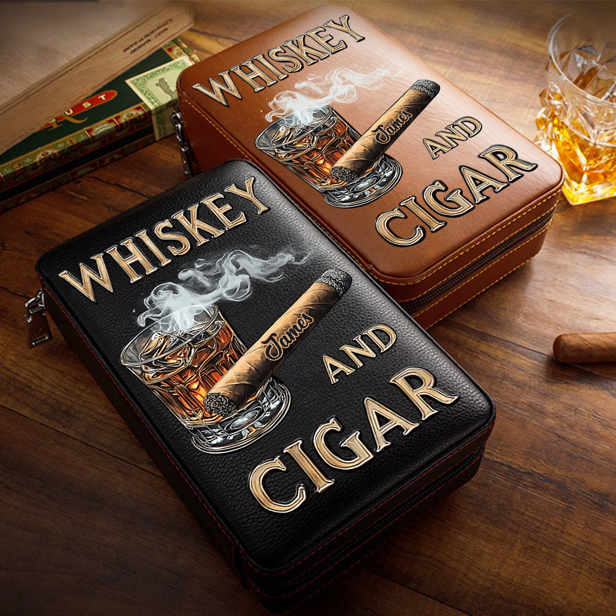 Whisky und Zigarre – Personalisierter Reisehumidor für Whisky und Zigarren