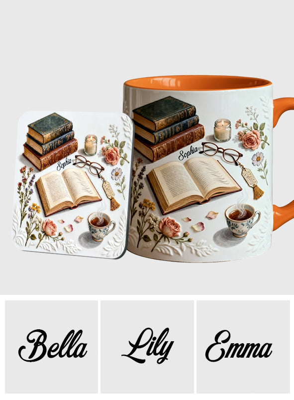 Einfach ein Mädchen, das Bücher liebt – Personalisierte Tasse und Untersetzer mit Buchmotiv