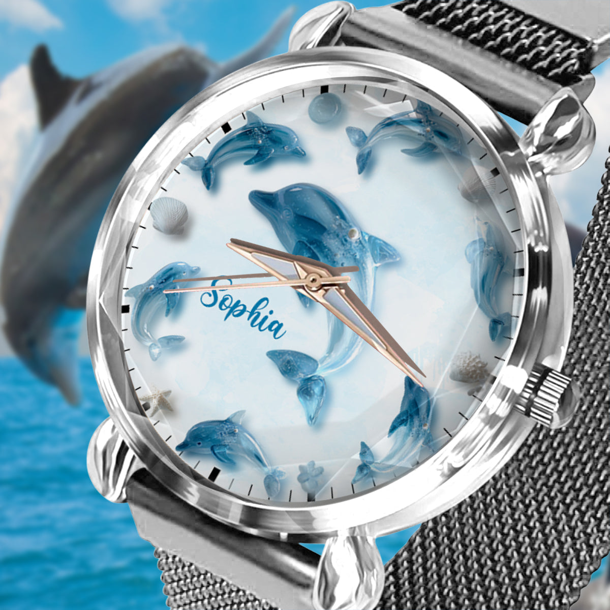 Glassy Dolphin – Personalisierte Damen-Handuhr mit Delfinmotiv 