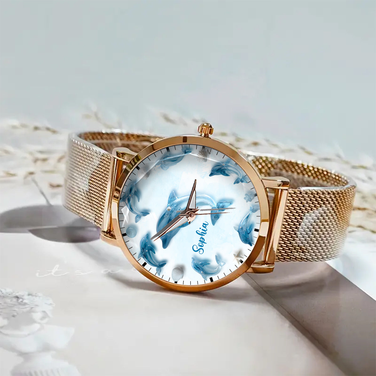 Glassy Dolphin – Personalisierte Damen-Handuhr mit Delfinmotiv 