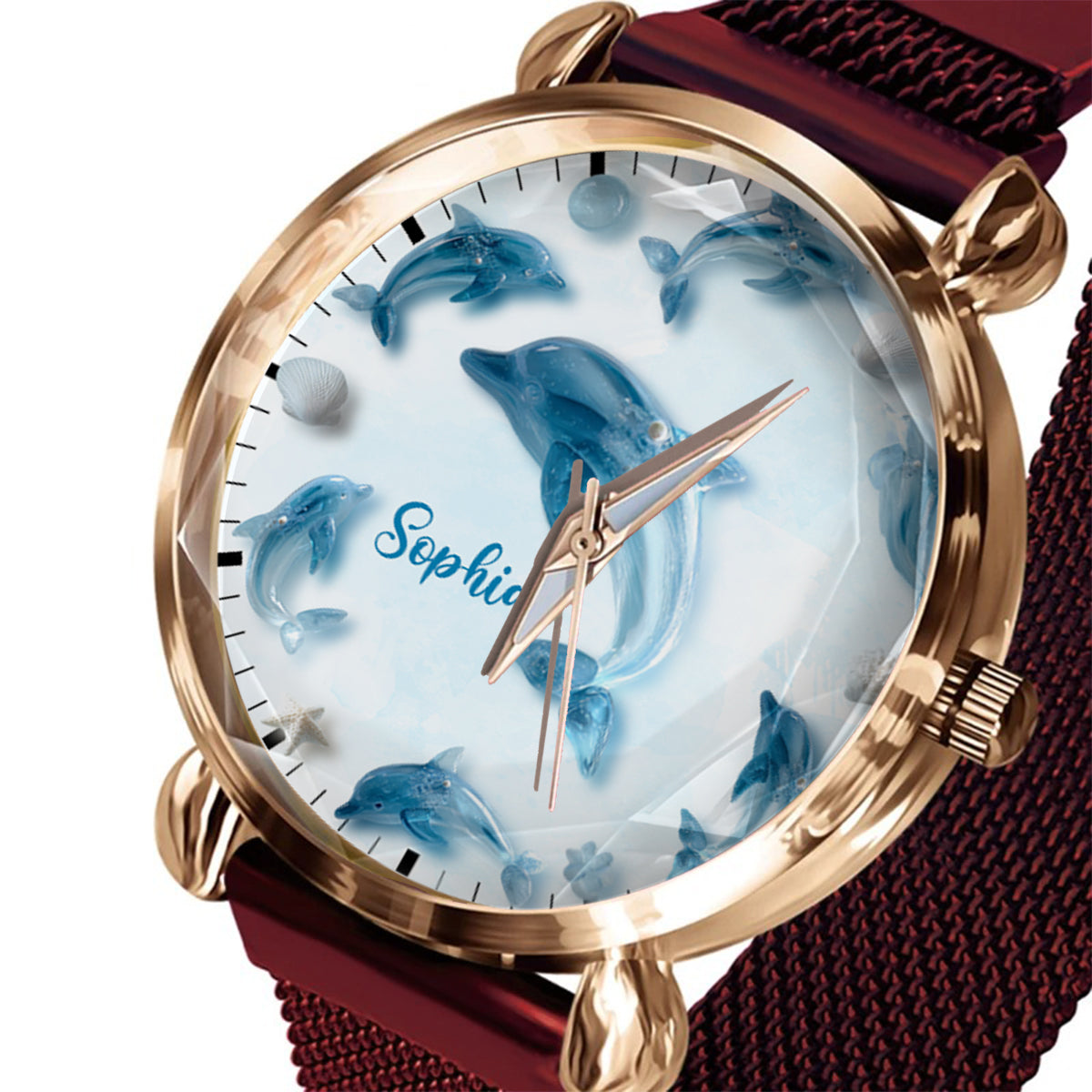 Glassy Dolphin – Personalisierte Damen-Handuhr mit Delfinmotiv 