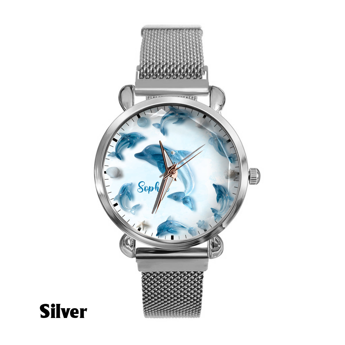 Glassy Dolphin – Personalisierte Damen-Handuhr mit Delfinmotiv 