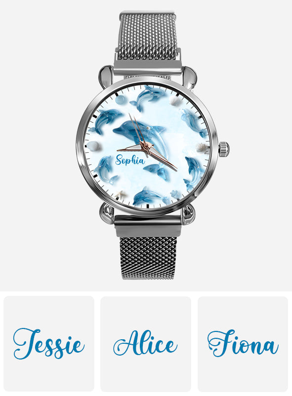 Glassy Dolphin – Personalisierte Damen-Handuhr mit Delfinmotiv 