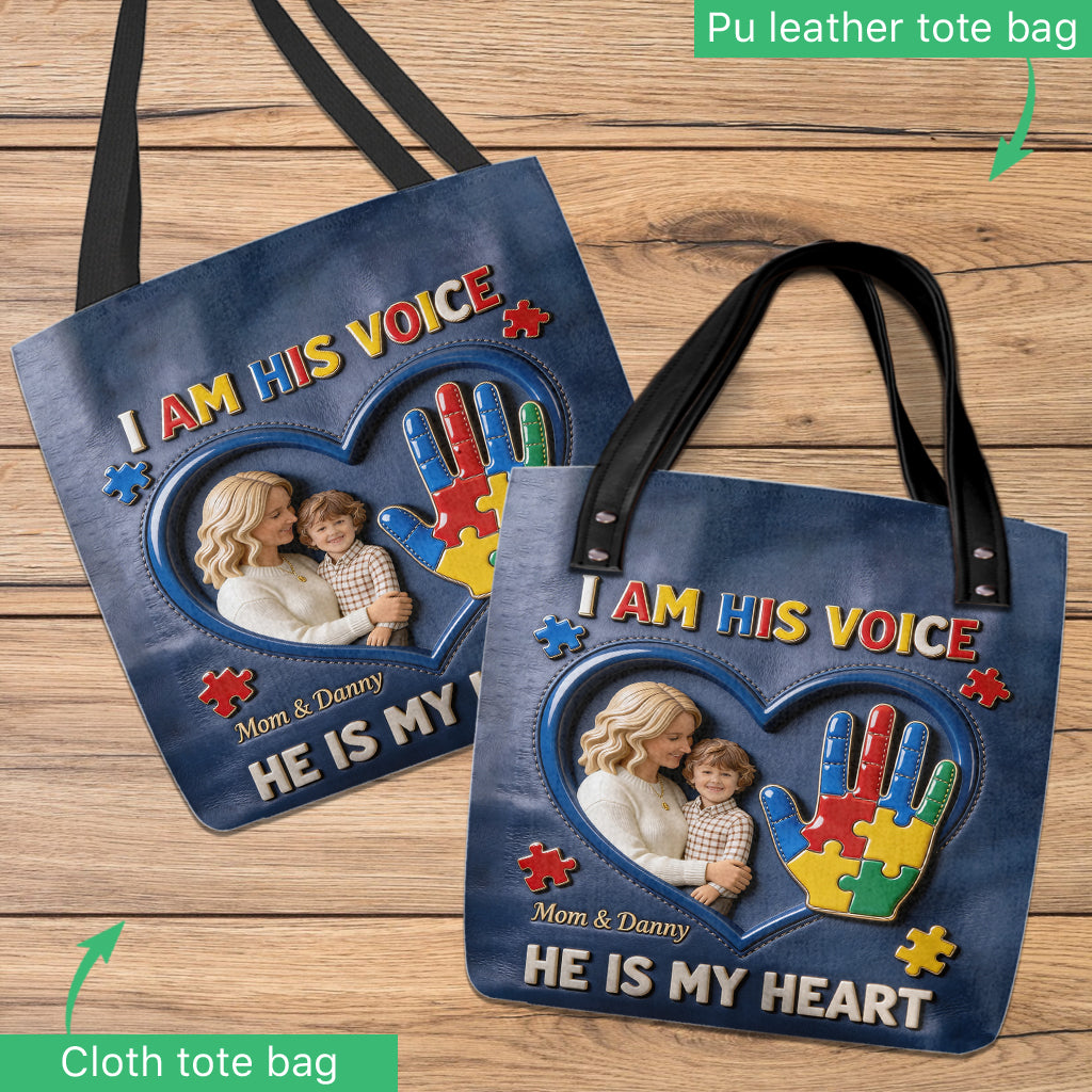I Am His Voice, He Is My Heart - Personalized Autism Awareness Tote Bag