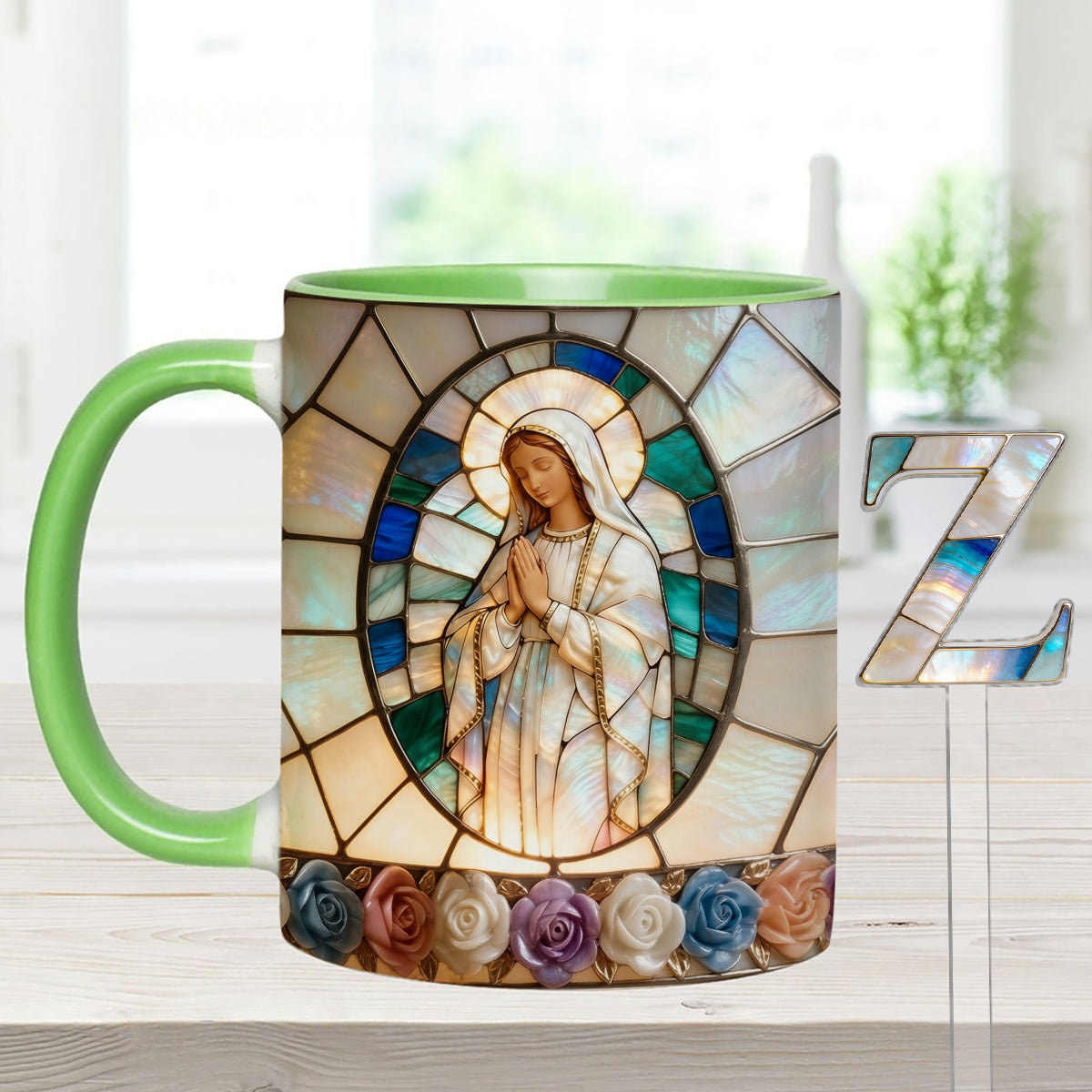 Unsere Liebe Frau der Gnade – Personalisierte christliche Tasse mit Acryl-Rührstäbchen
