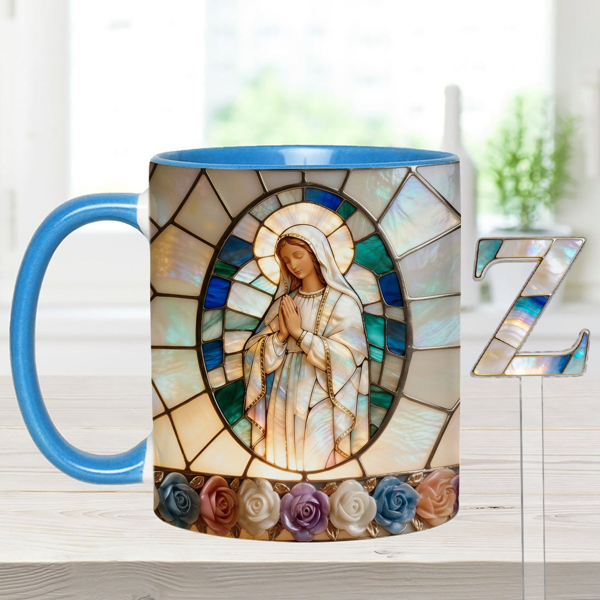 Unsere Liebe Frau der Gnade – Personalisierte christliche Tasse mit Acryl-Rührstäbchen