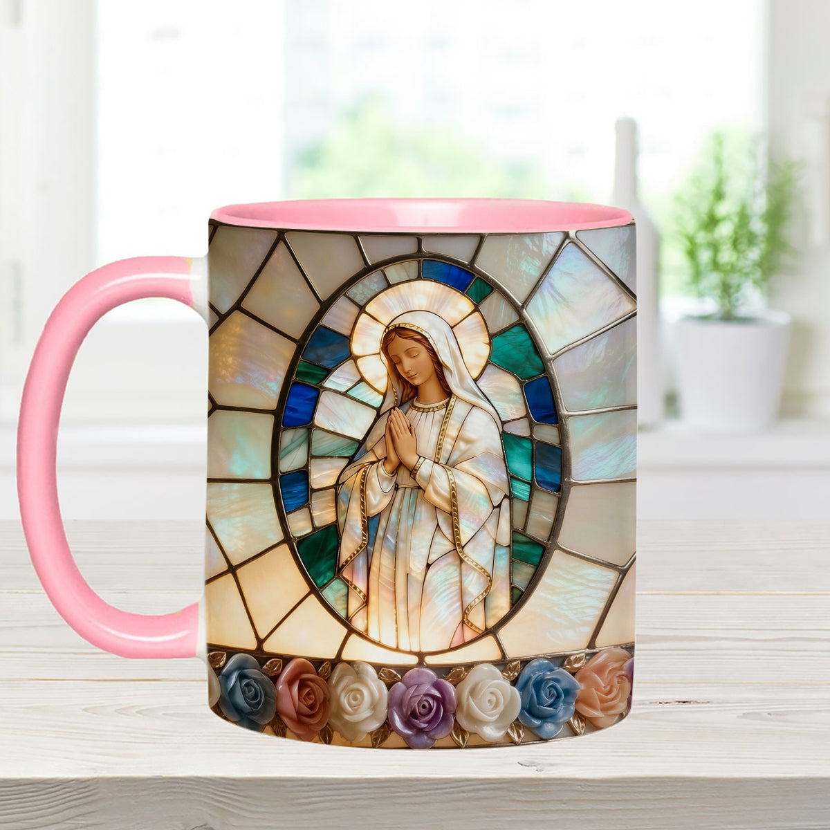 Unsere Liebe Frau der Gnade – Personalisierte christliche Tasse mit Acryl-Rührstäbchen