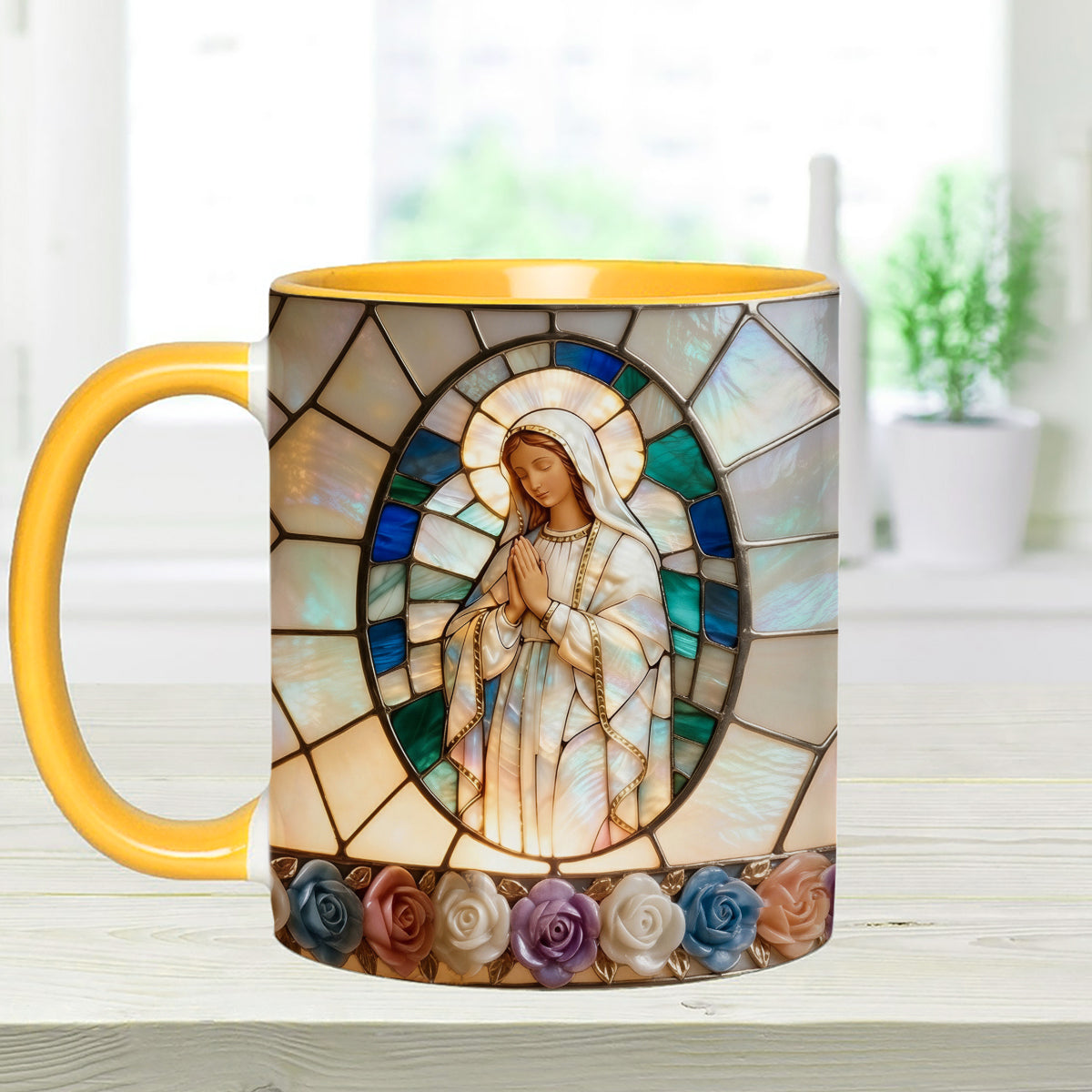 Unsere Liebe Frau der Gnade – Personalisierte christliche Tasse mit Acryl-Rührstäbchen
