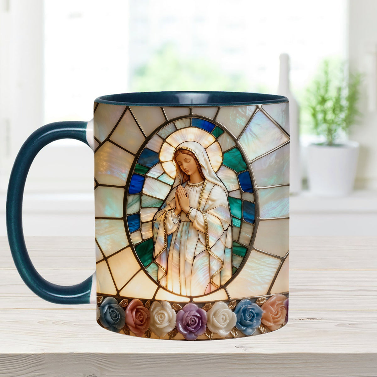 Unsere Liebe Frau der Gnade – Personalisierte christliche Tasse mit Acryl-Rührstäbchen