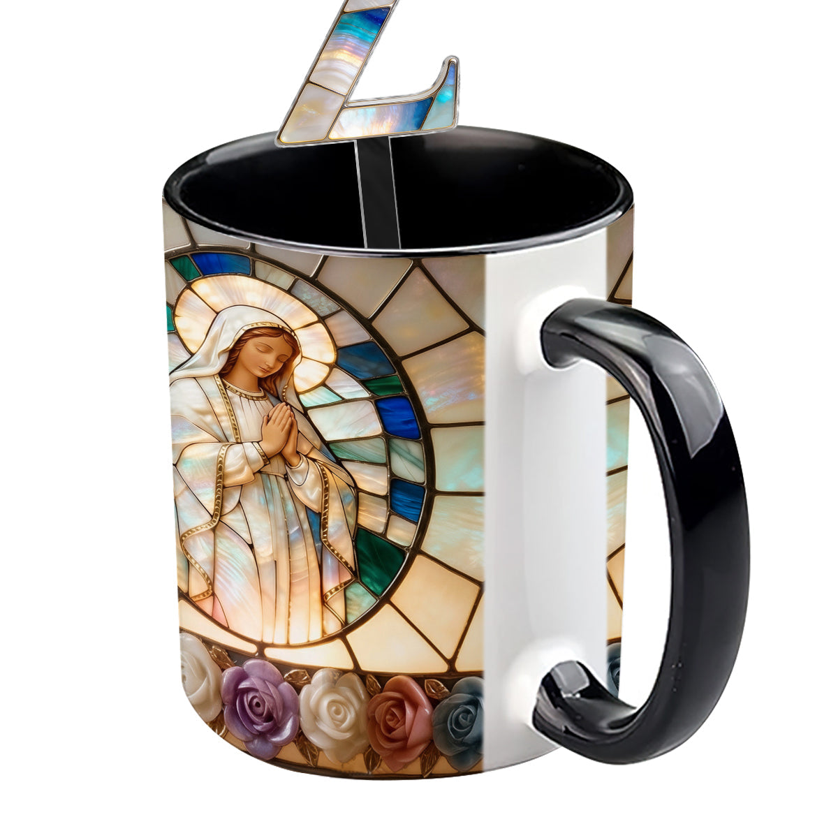 Unsere Liebe Frau der Gnade – Personalisierte christliche Tasse mit Acryl-Rührstäbchen
