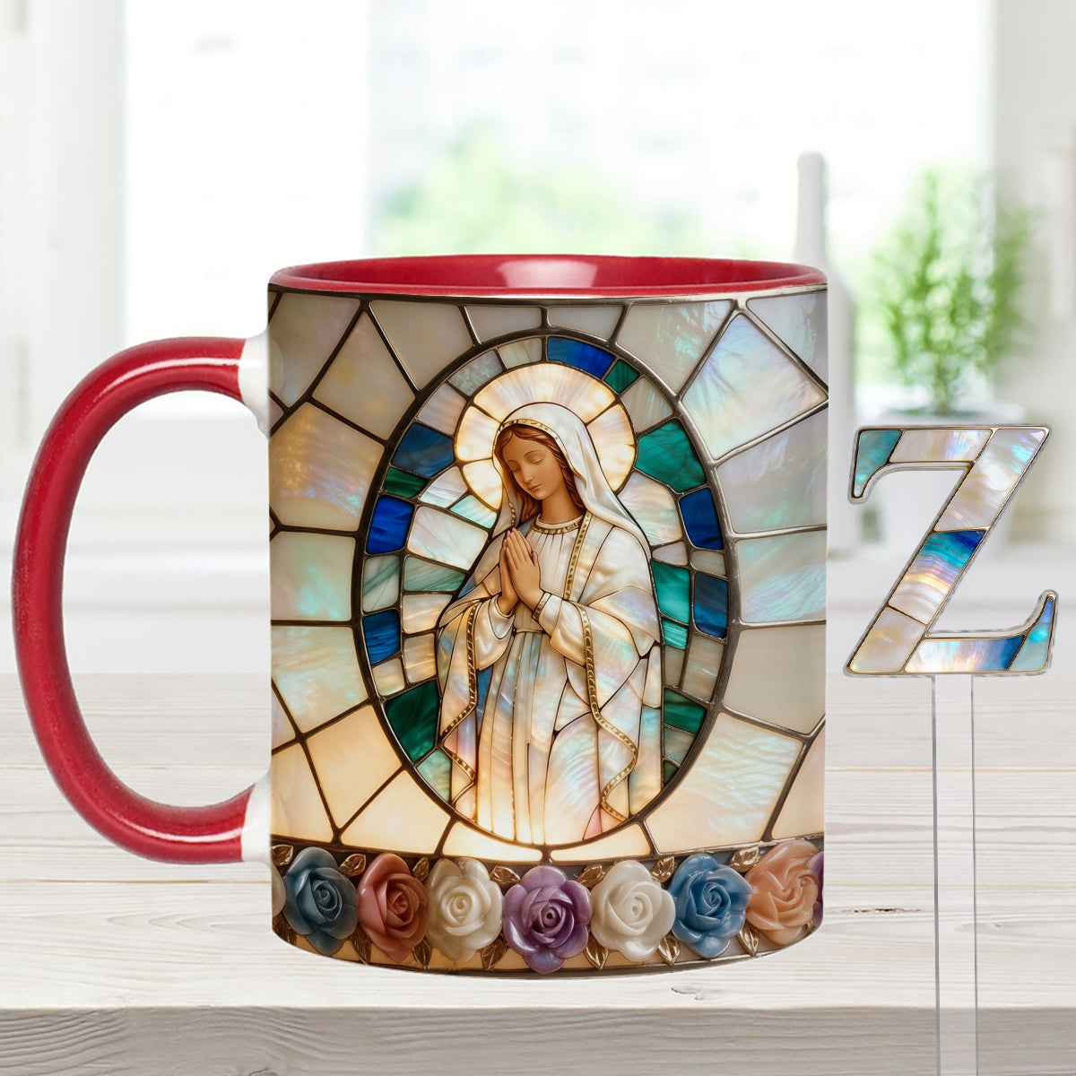 Unsere Liebe Frau der Gnade – Personalisierte christliche Tasse mit Acryl-Rührstäbchen