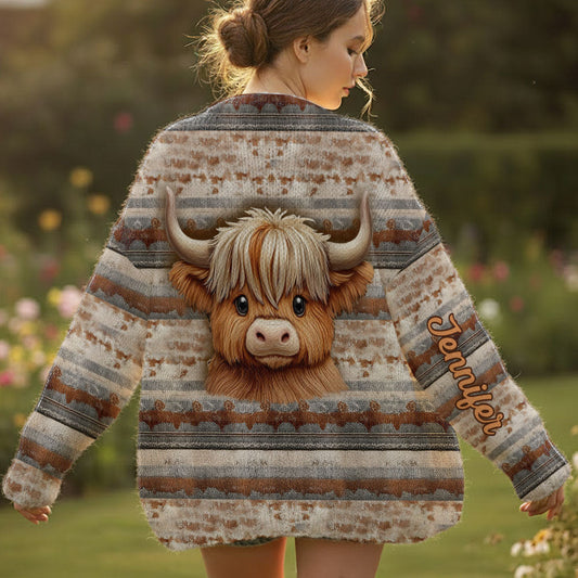 Pull cardigan personnalisé avec une vache des Highlands - J'adore les vaches des Highlands