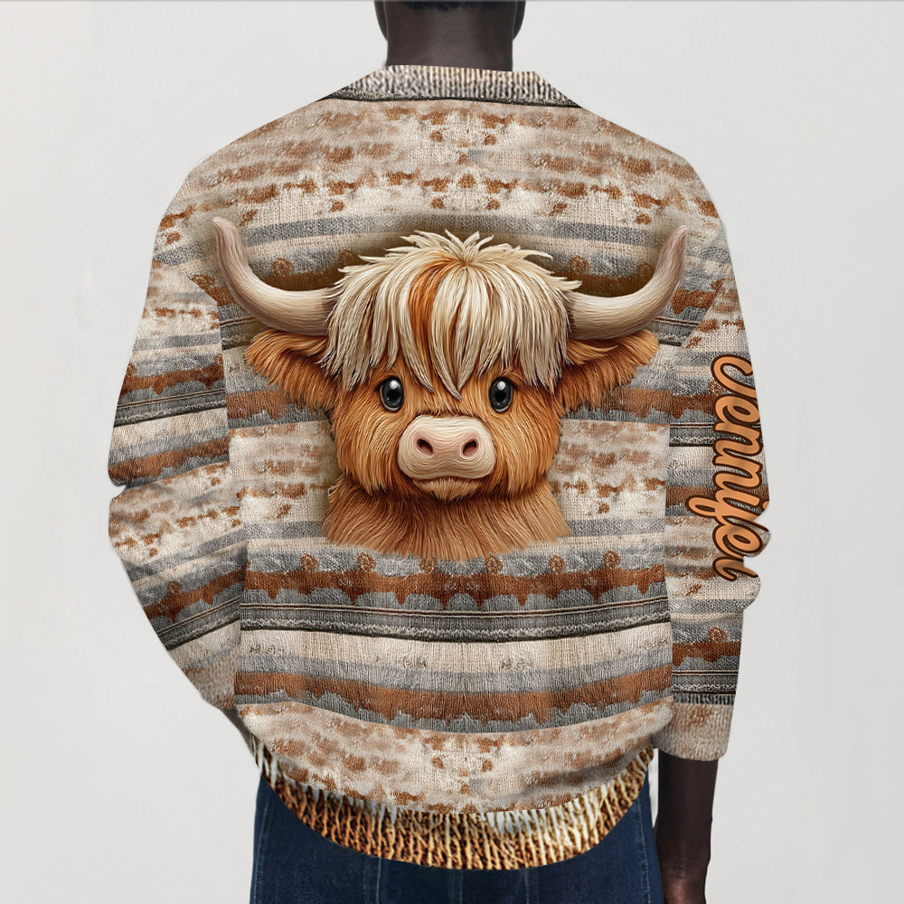 Pull cardigan personnalisé avec une vache des Highlands - J'adore les vaches des Highlands