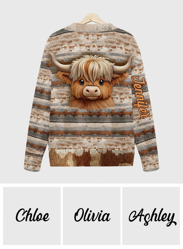 Pull cardigan personnalisé avec une vache des Highlands - J'adore les vaches des Highlands