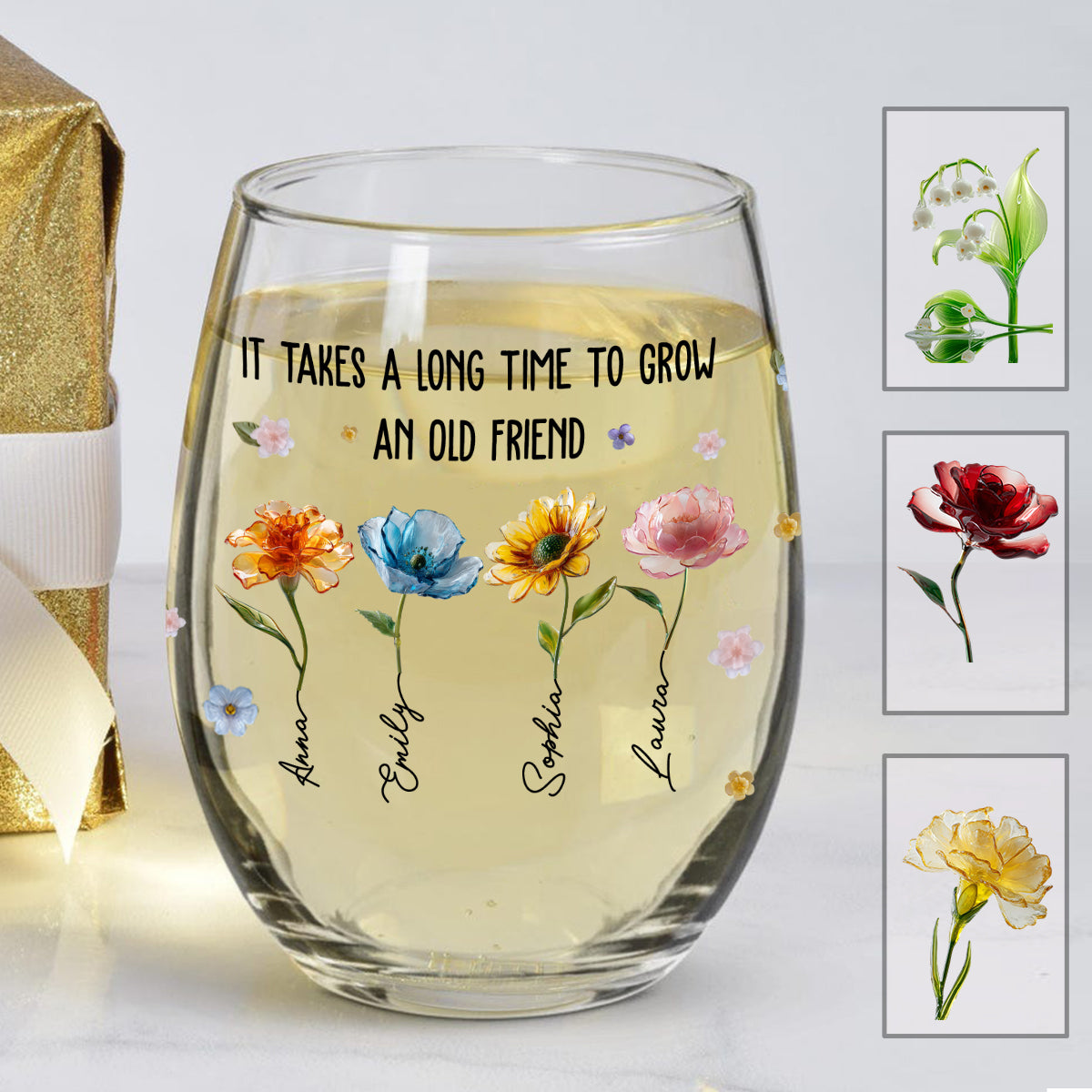 It's Take A Long Time To Grow An Old Friend - Personalized Bestie All Over Wine Glass