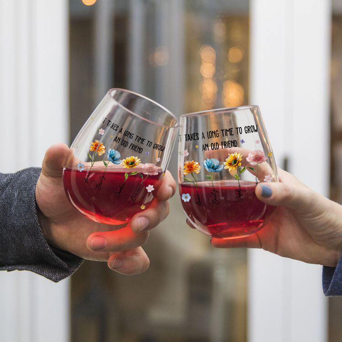 It's Take A Long Time To Grow An Old Friend - Personalized Bestie All Over Wine Glass