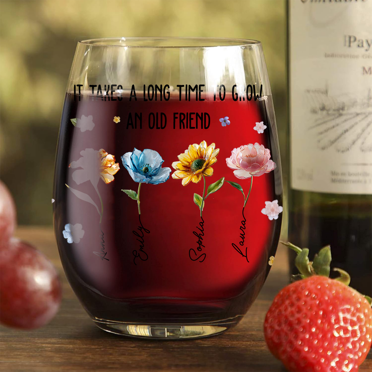 It's Take A Long Time To Grow An Old Friend - Personalized Bestie All Over Wine Glass