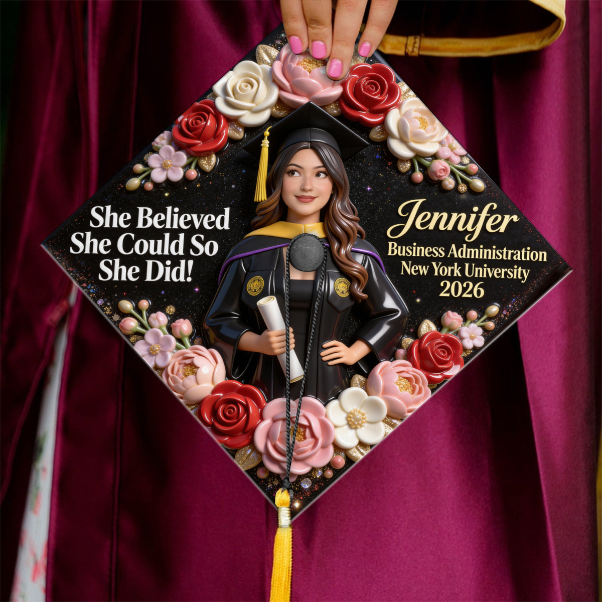 Sie glaubte daran, dass sie es schaffen konnte, und sie schaffte es! – Personalisierter Abschlussmützenaufsatz