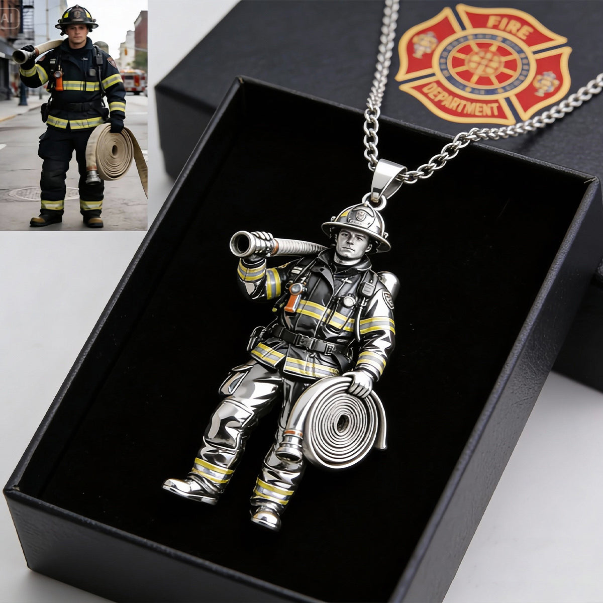 Pompier, policier… N’importe quel métier – N’importe quelle photo – Collier pendentif personnalisé en métal en forme de pompier