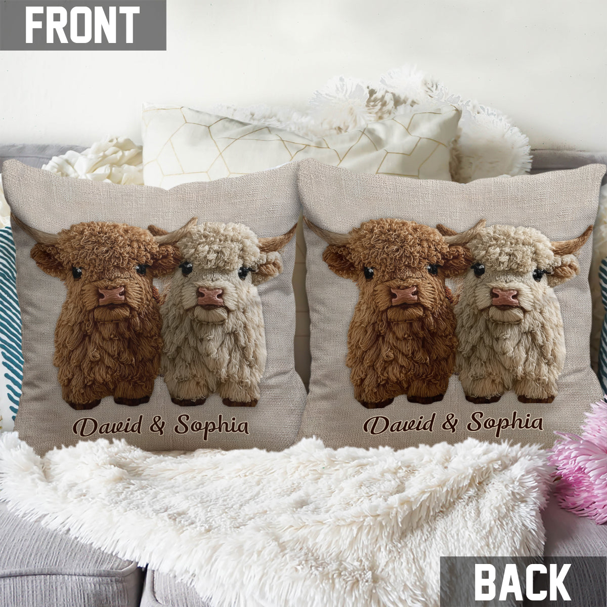 You & Me - Personalized Highland Cow Throw Pillow