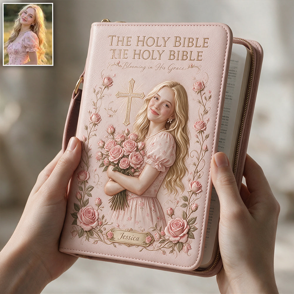 In His Garden, I Bloom - Personalized Christian Leather Bible Cover Bag