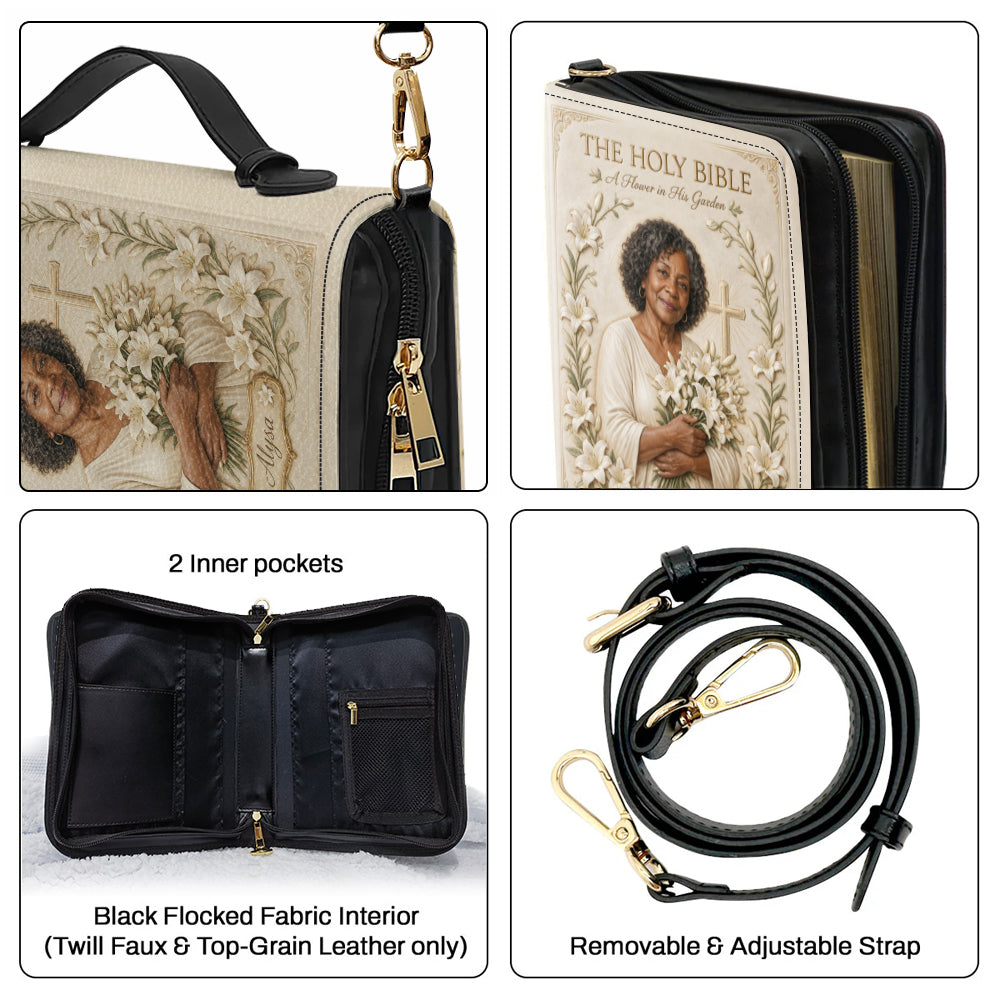 In His Garden, I Bloom - Personalized Christian Leather Bible Cover Bag