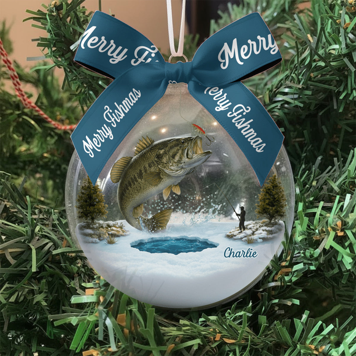 Merry Fishmas - Personalized Fishing Snow Globe Ornament With Bow