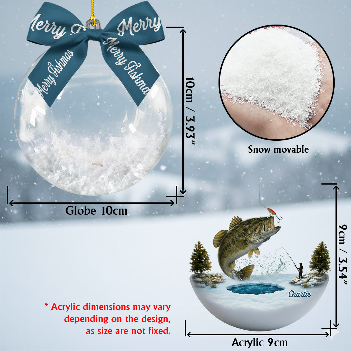 Merry Fishmas - Personalized Fishing Snow Globe Ornament With Bow