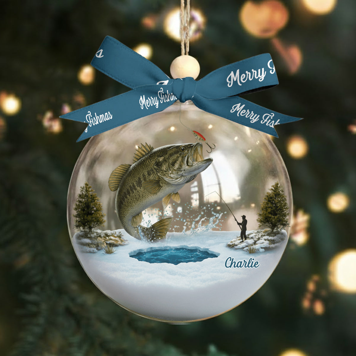 Merry Fishmas - Personalized Fishing Snow Globe Ornament With Bow
