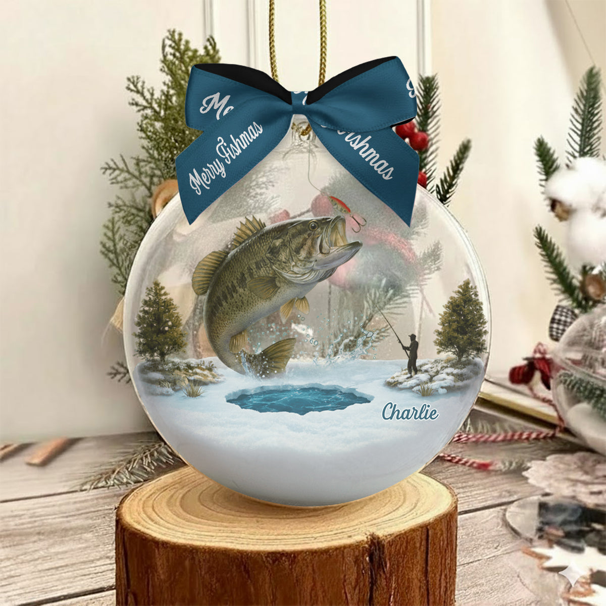 Merry Fishmas - Personalized Fishing Snow Globe Ornament With Bow