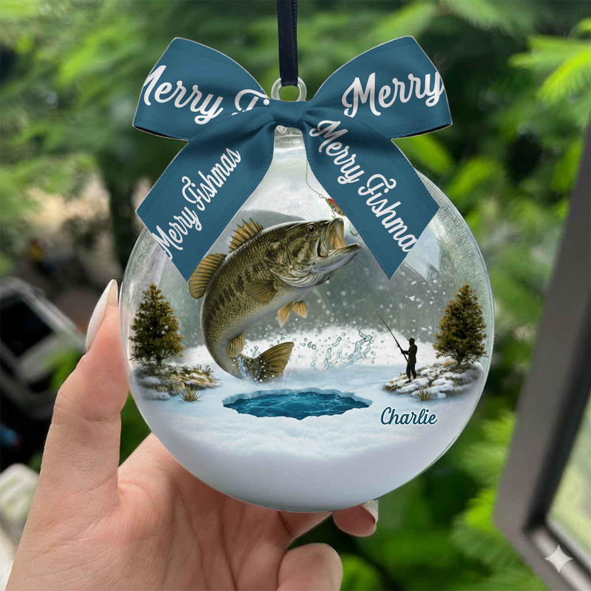 Merry Fishmas - Personalized Fishing Snow Globe Ornament With Bow