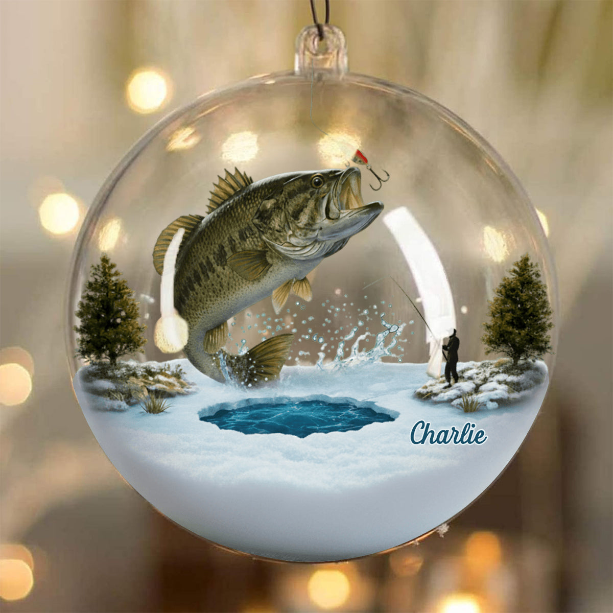 Merry Fishmas - Personalized Fishing Snow Globe Ornament With Bow
