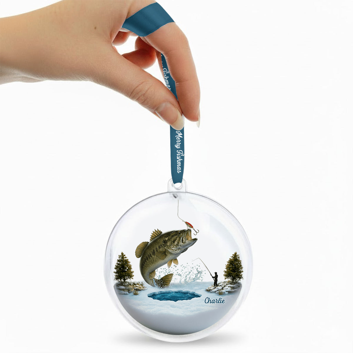 Merry Fishmas - Personalized Fishing Snow Globe Ornament With Bow