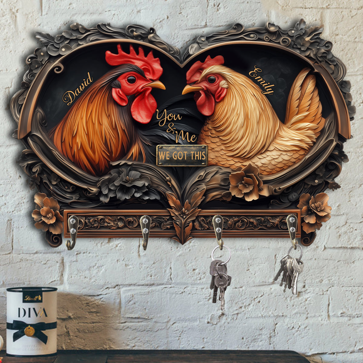 An Old Rooster & His Cute Chick - Personalized Chicken Custom Shaped Key Rack