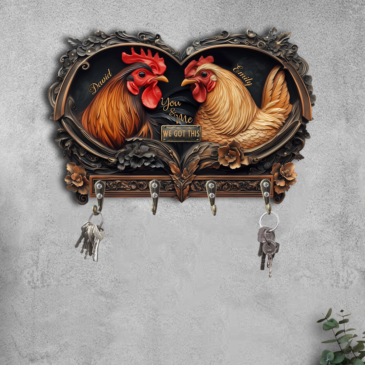 An Old Rooster & His Cute Chick - Personalized Chicken Custom Shaped Key Rack