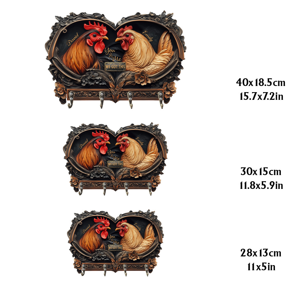 An Old Rooster & His Cute Chick - Personalized Chicken Custom Shaped Key Rack