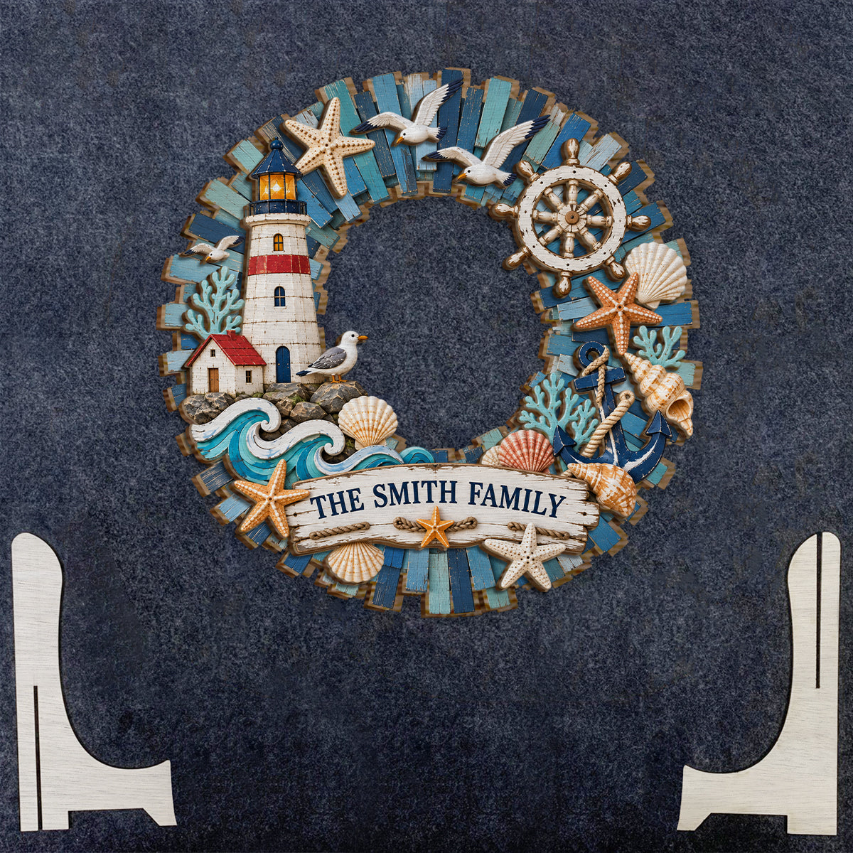 Lighthouse Coastal Home Decor, Coastal Wreath - Personalized Family 2 Layered Wood Sign / Wood Plaque