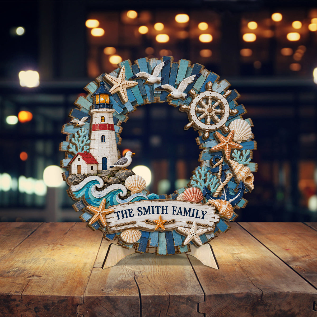 Lighthouse Coastal Home Decor, Coastal Wreath - Personalized Family 2 Layered Wood Sign / Wood Plaque