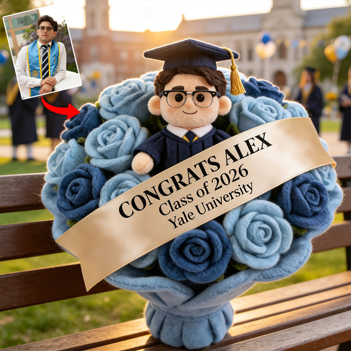 Graduation Plush Doll Bouquet - Personalized Graduation Premium Faux Fur Pillow