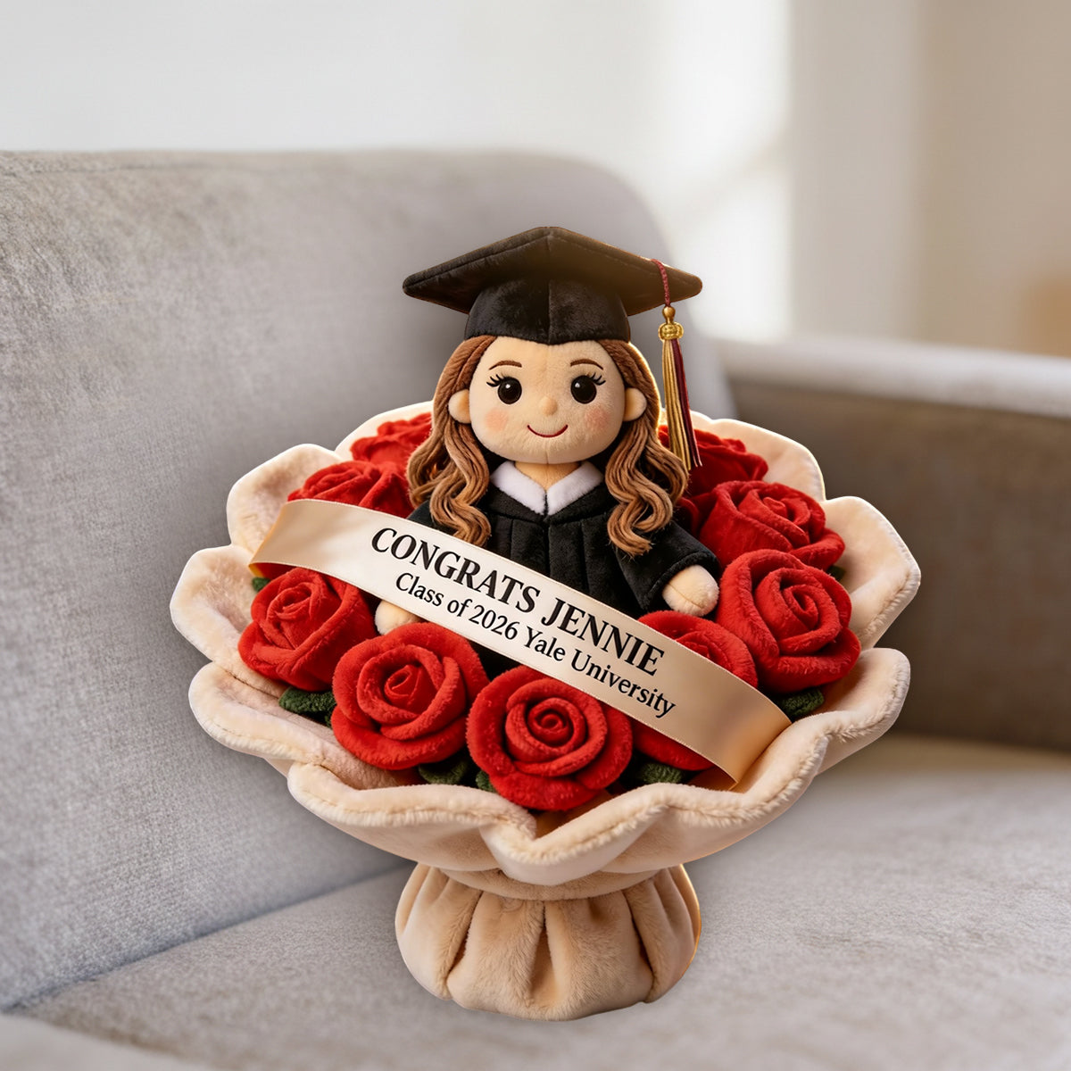 Graduation Plush Doll Bouquet - Personalized Graduation Premium Faux Fur Pillow
