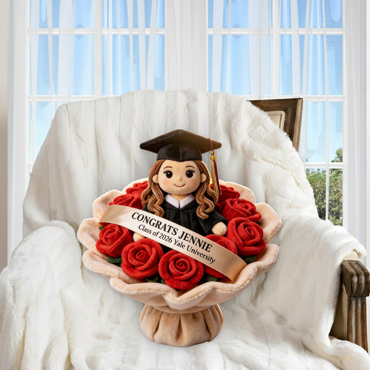 Graduation Plush Doll Bouquet - Personalized Graduation Premium Faux Fur Pillow