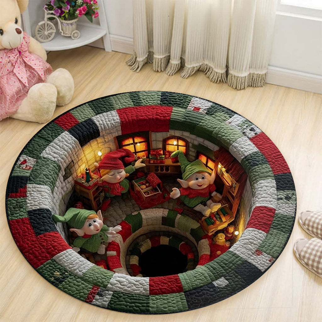 Elf Workshop Portal Quilted Round Mat - Christmas Round Rug