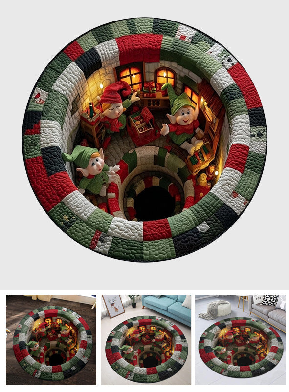 Elf Workshop Portal Quilted Round Mat - Christmas Round Rug