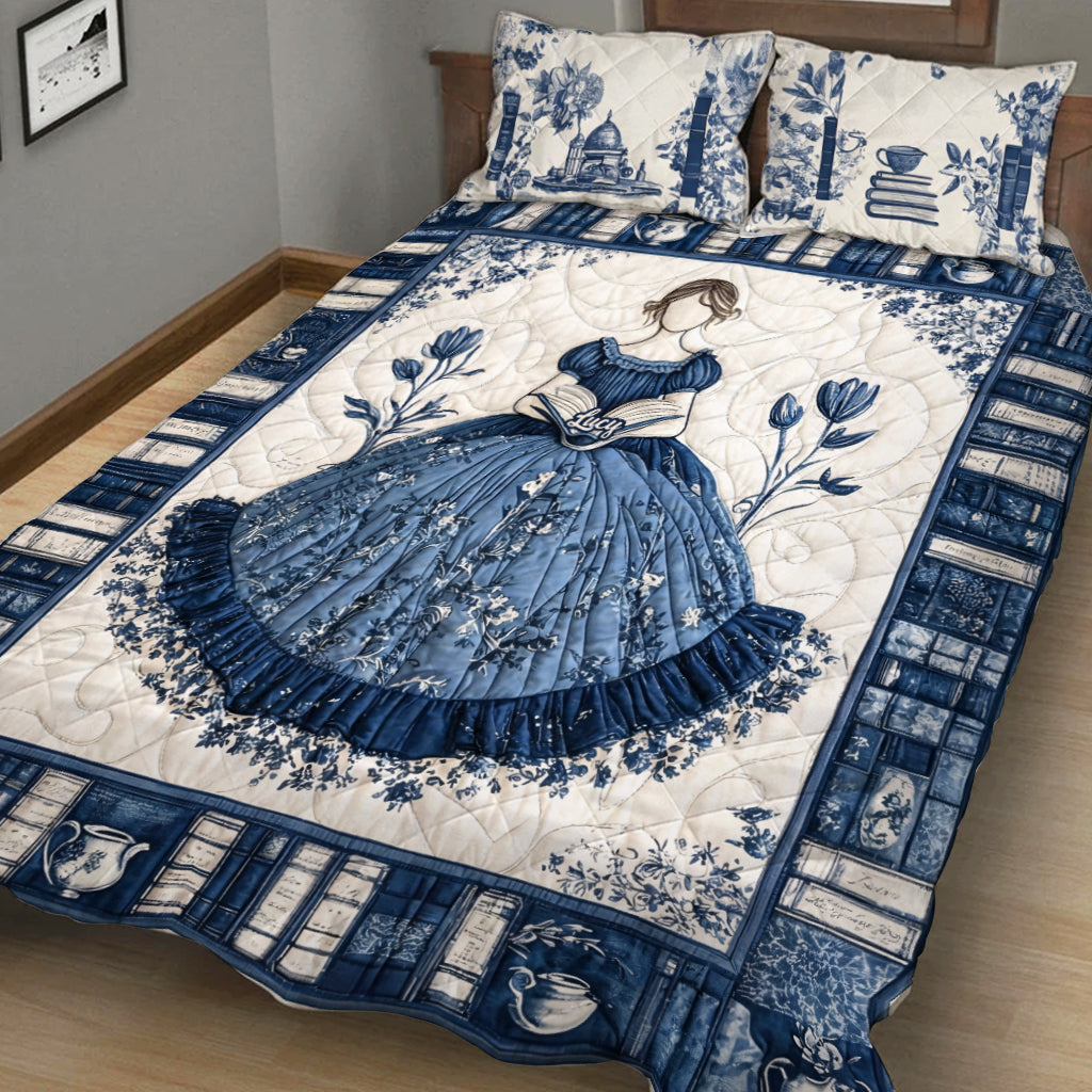 Toile de Jouy Reading Girl - Personalized Book Quilt Set
