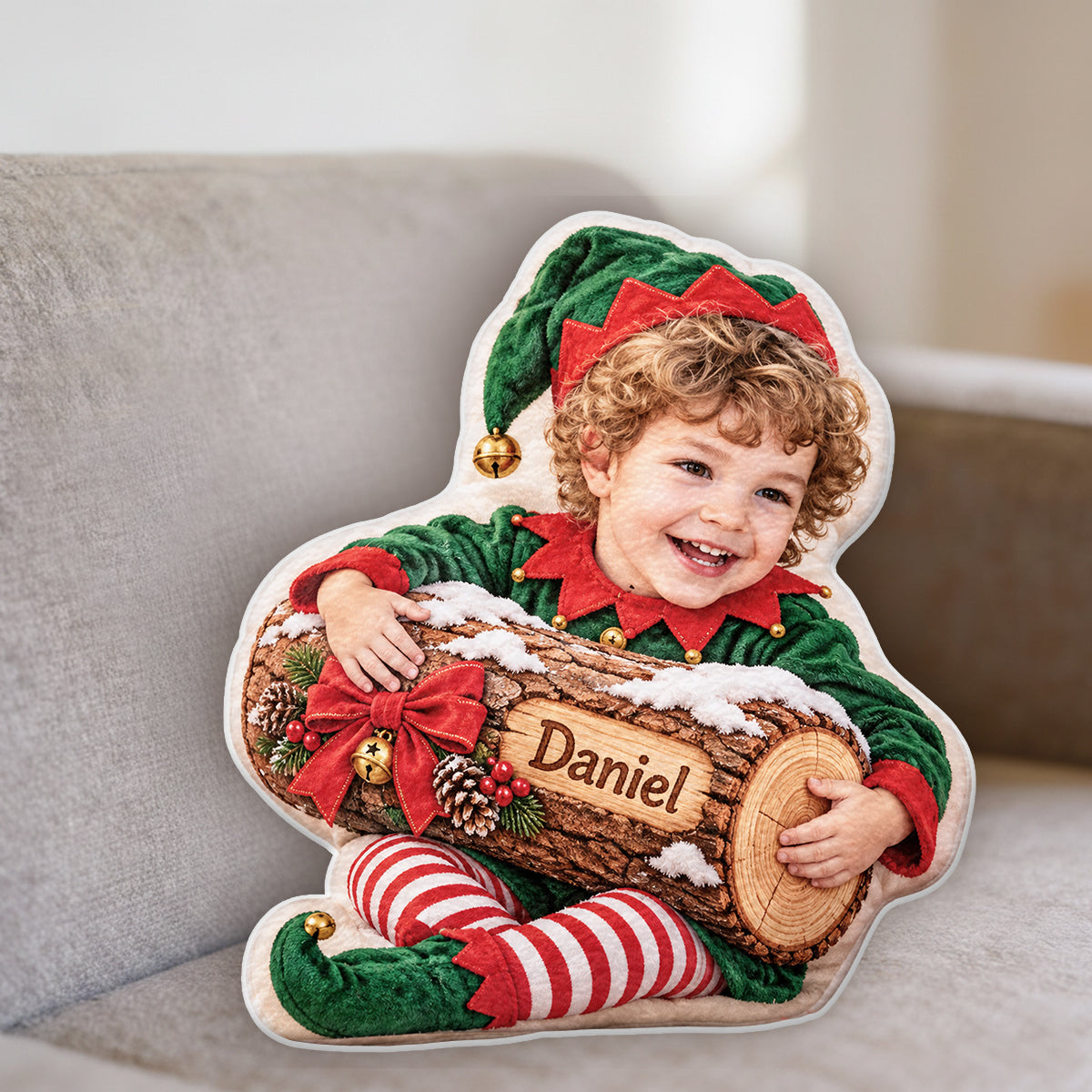Christmas Yule Log - Personalized Kid Faux Fur Shaped Pillow