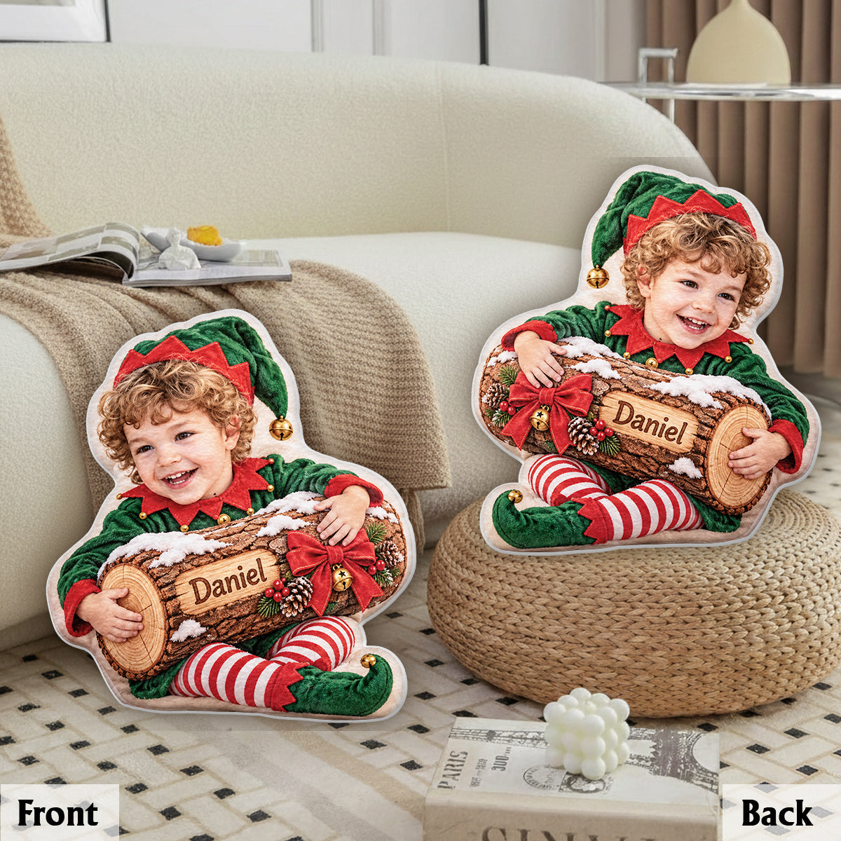 Christmas Yule Log - Personalized Kid Faux Fur Shaped Pillow